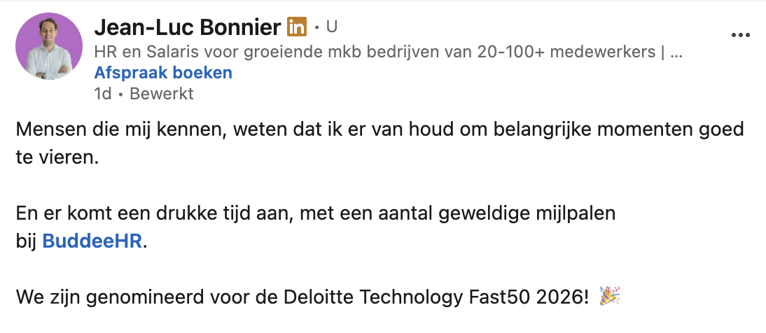 LinkedIn-post van Jean-Luc Bonnier over de nominatie van BuddeeHR voor de Deloitte Technology Fast 50 2026